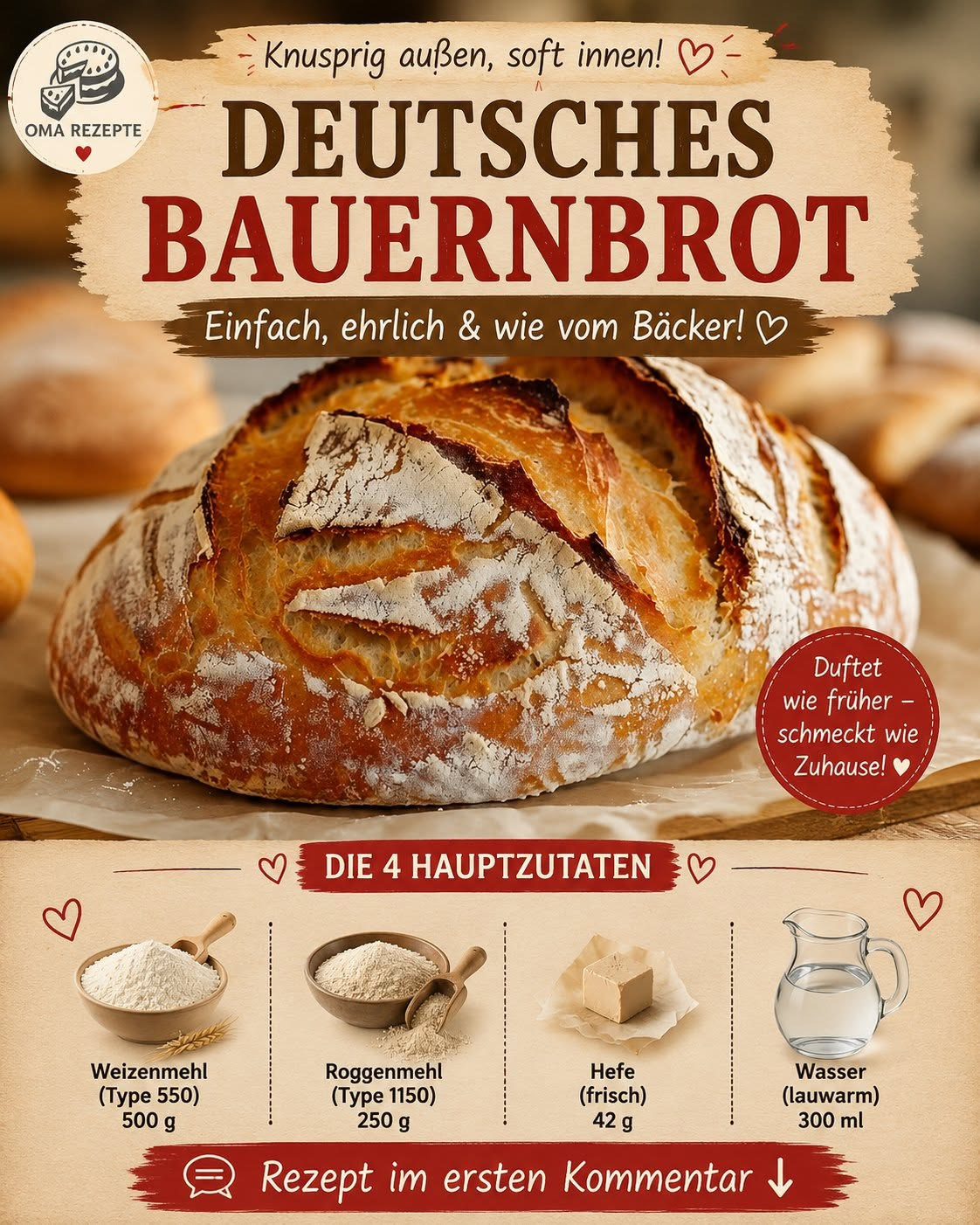 Rundes rustikales Brot mit bemehlter Kruste und aufgerissenen Einschnitten