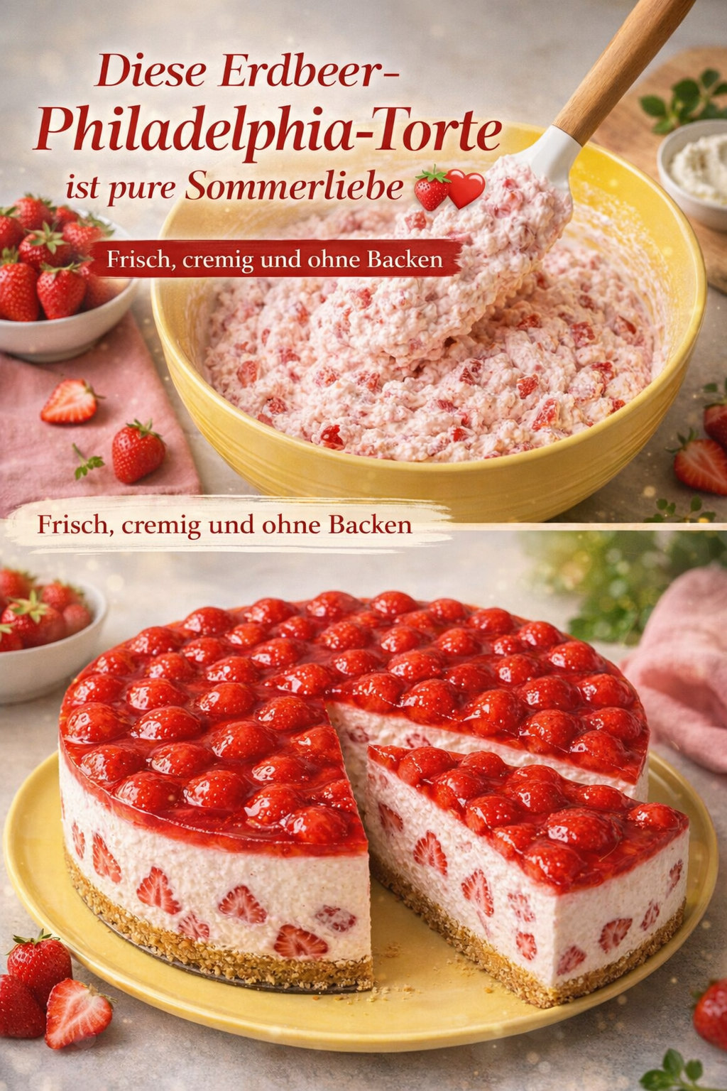 Kalte Frischkäsetorte mit Erdbeerstücken und frischen roten Erdbeeren auf der Oberfläche