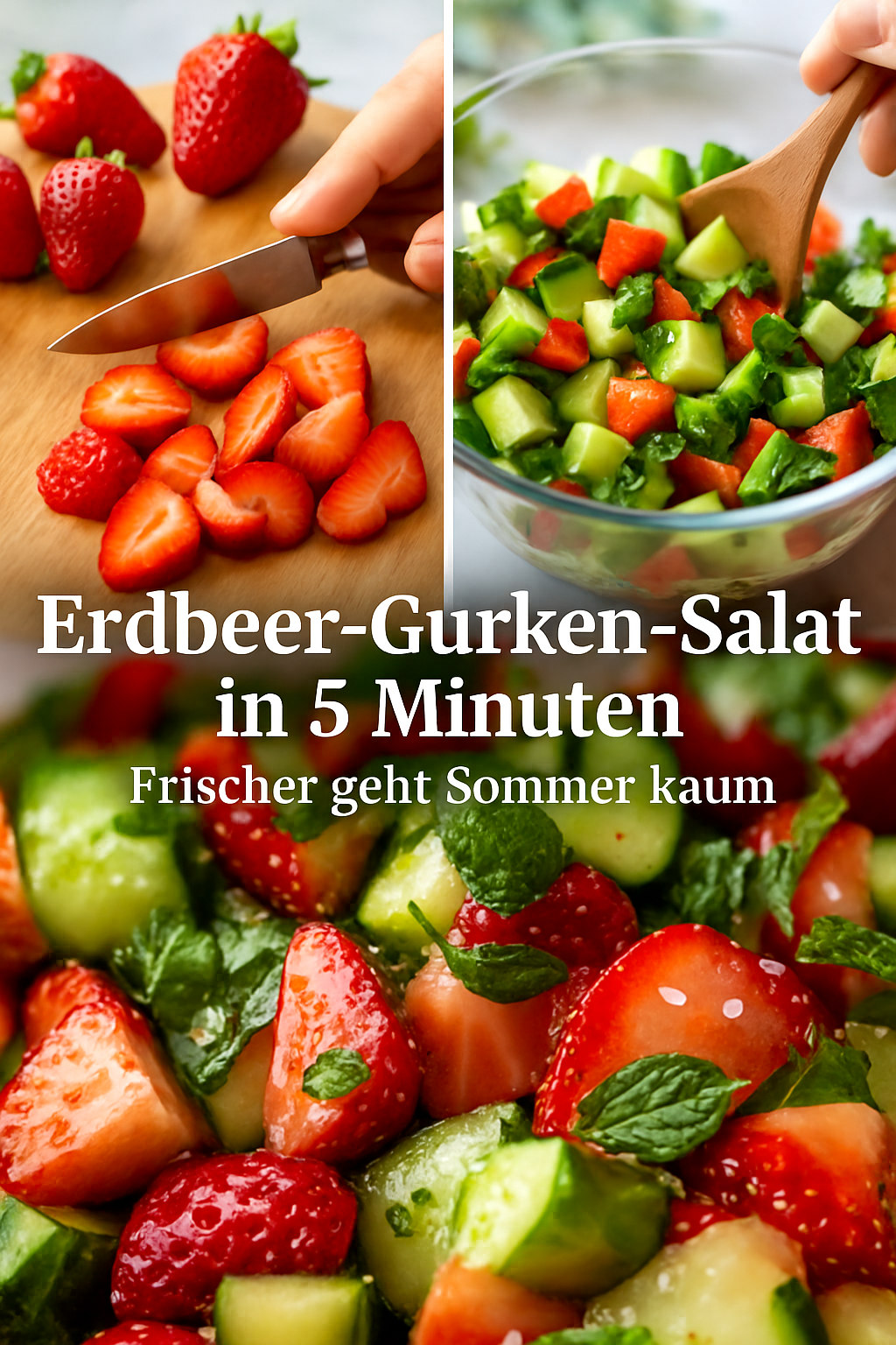 Salat mit roten Erdbeerstücken, grünen Gurkenwürfeln und Minze