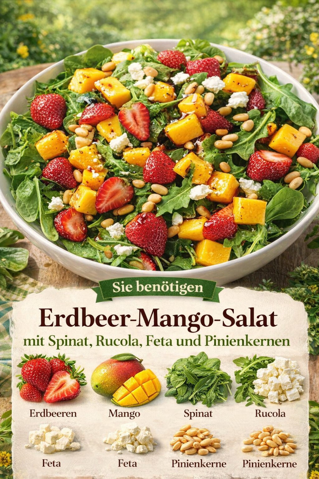 Blattsalat mit Erdbeeren, Mangowürfeln, Feta und Pinienkernen