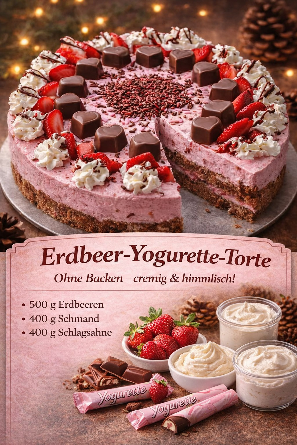Rosa Erdbeertorte mit Sahnetupfen und kleinen gefüllten Schokoladenstücken