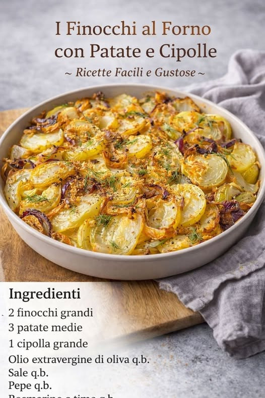Teglia di finocchi, patate e cipolle affettati e gratinati
