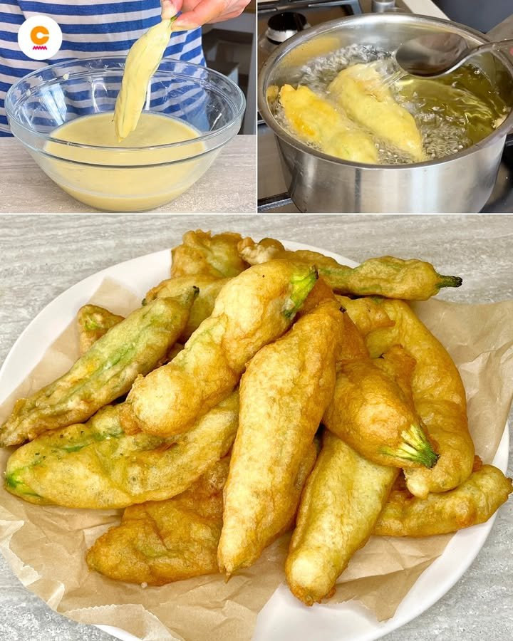 Fiori di zucca interi fritti con rivestimento dorato