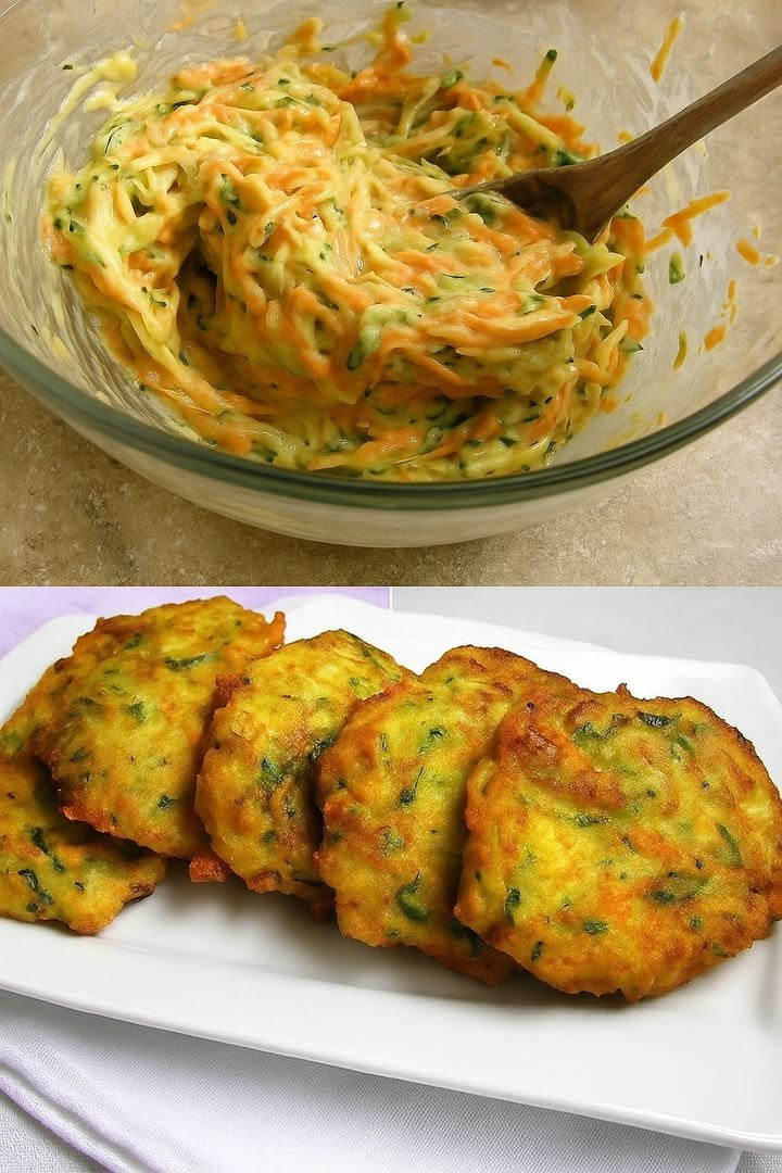 Frittelle piatte dorate con fili di zucchina e carota