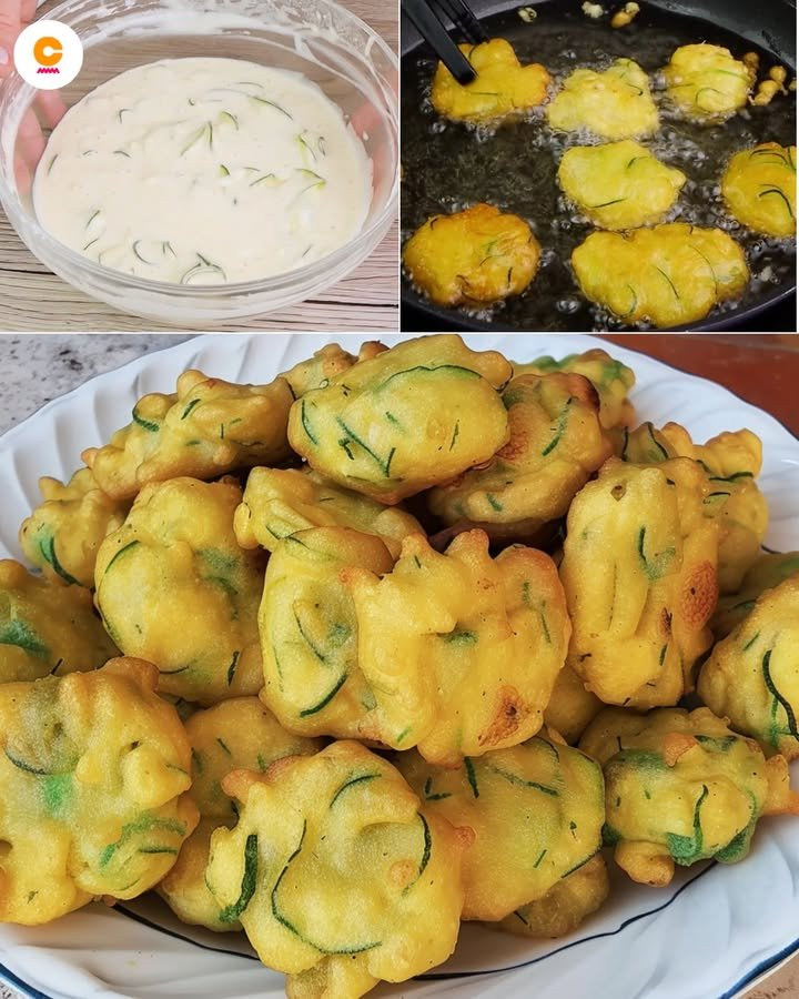 Frittelle irregolari dorate con sottili rondelle verdi di zucchina