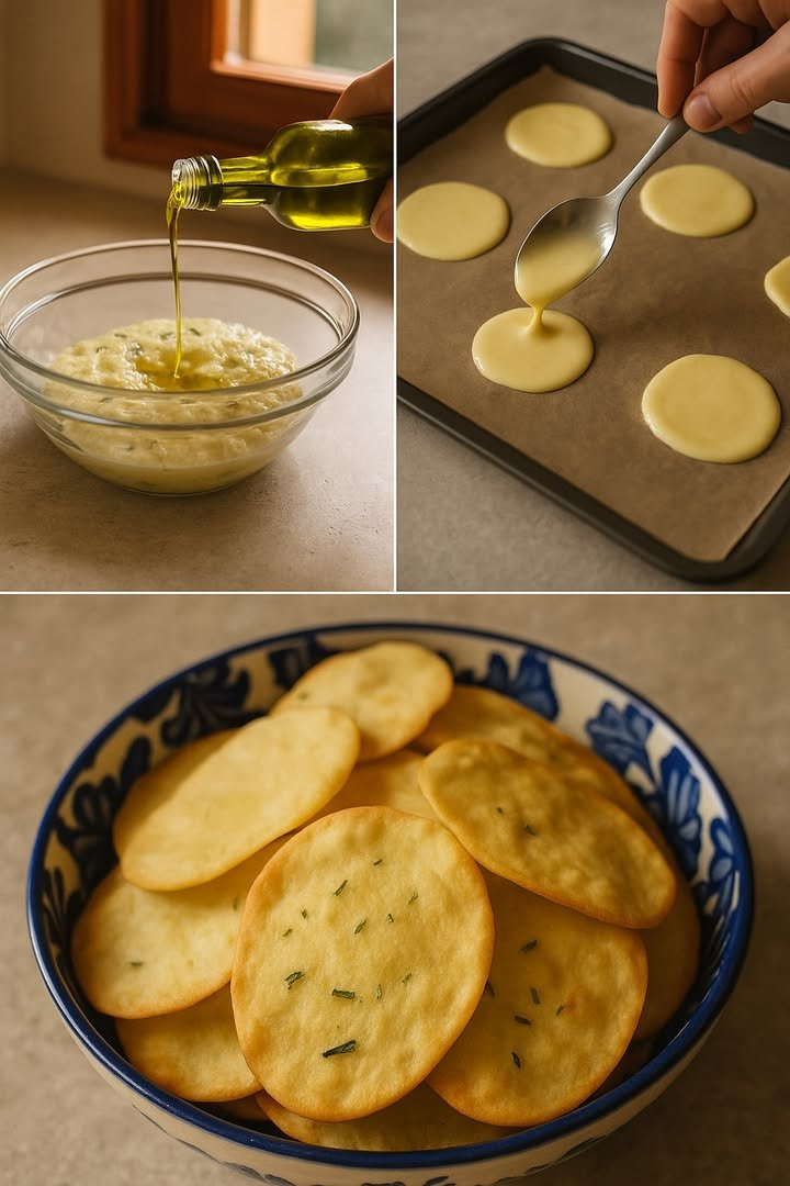 Piccoli dischi dorati alle erbe, con una pastella versata a cucchiaiate