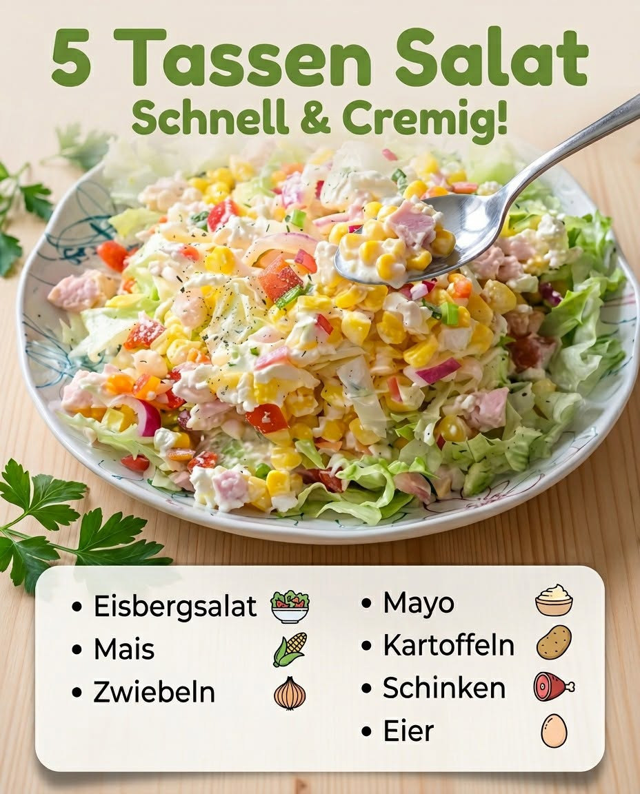 Cremiger Kartoffelsalat mit Mais, Schinken, Eiern und feinem Blattsalat