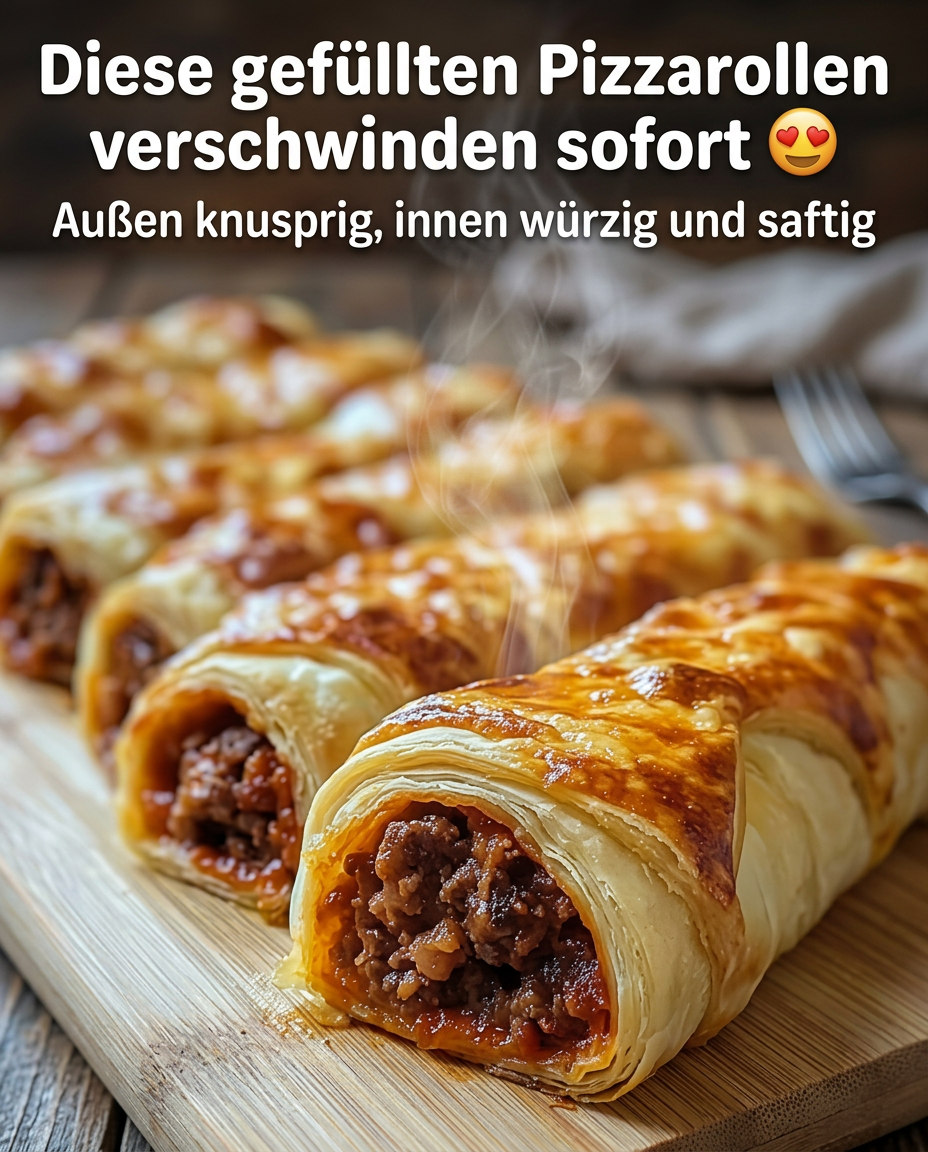 Goldene Teigrollen mit sichtbarer Hackfleischfüllung und geschmolzenem Käse