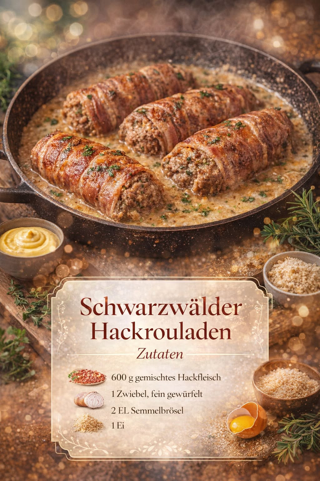 Unummantelte längliche Hackrouladen in heller cremiger Sauce