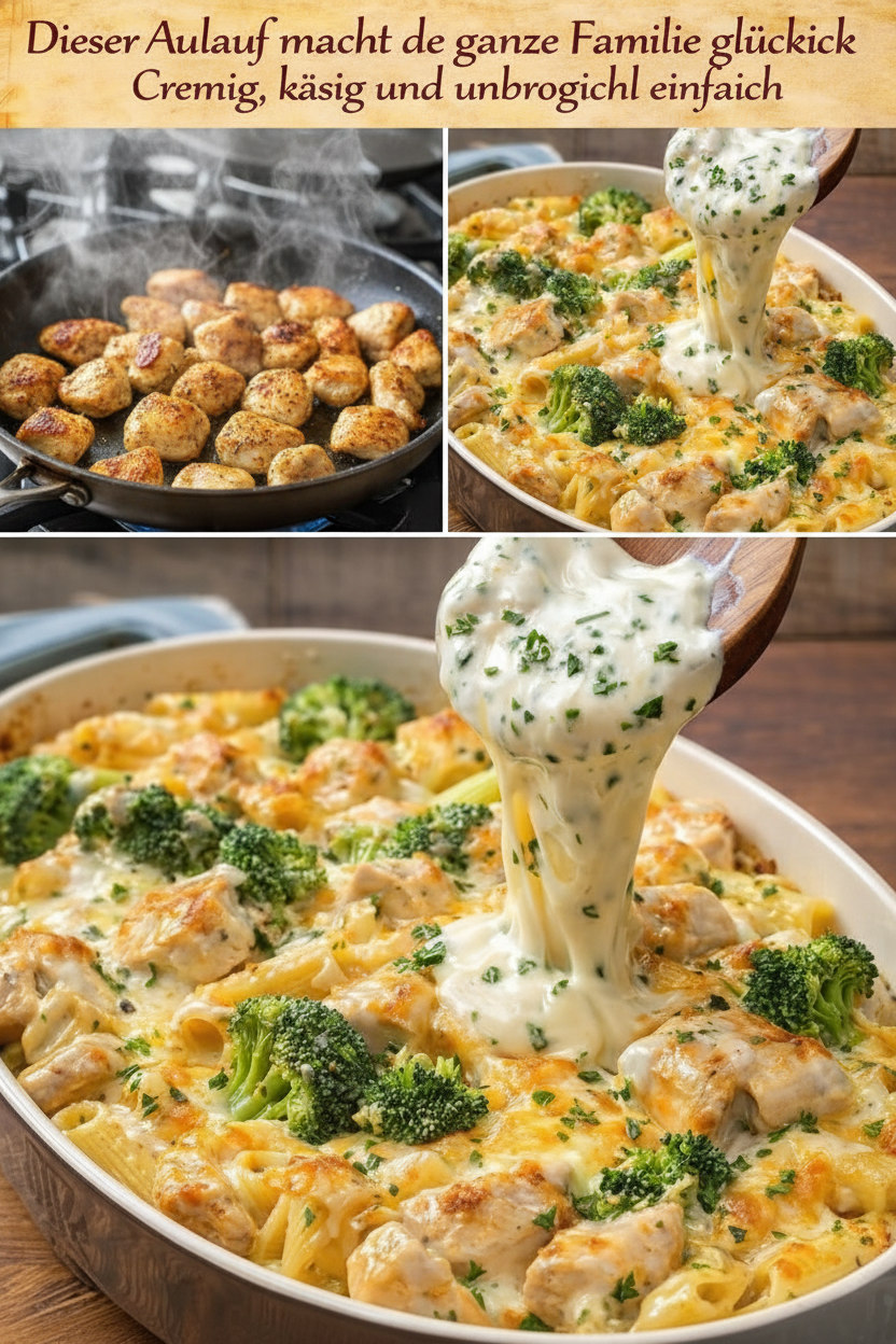 Hähnchenstücke und Brokkoli in heller Sauce mit geschmolzenem Käse