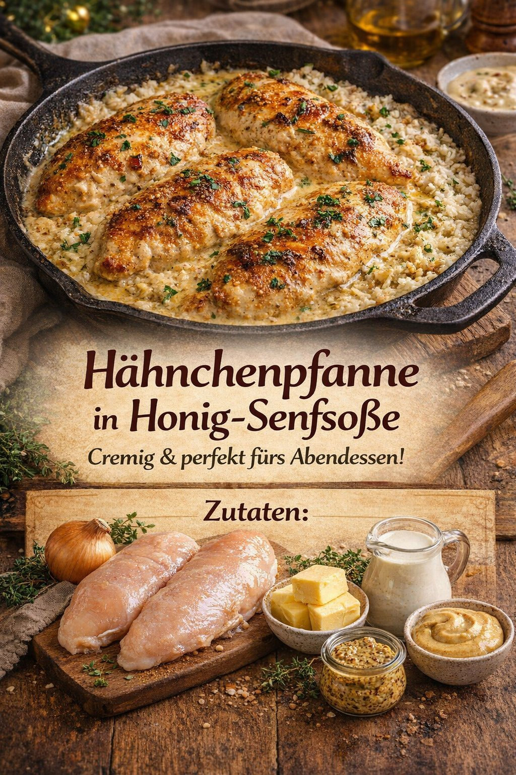 Gebräunte Hähnchenbrüste in cremiger Honig-Senf-Sauce mit Kräutern
