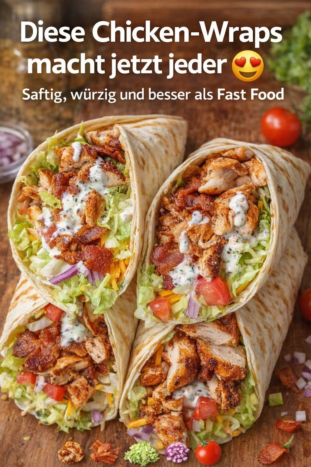 Aufgeschnittene Tortilla-Wraps mit gebratenem Hähnchen, Salat, Tomaten und weißer Sauce