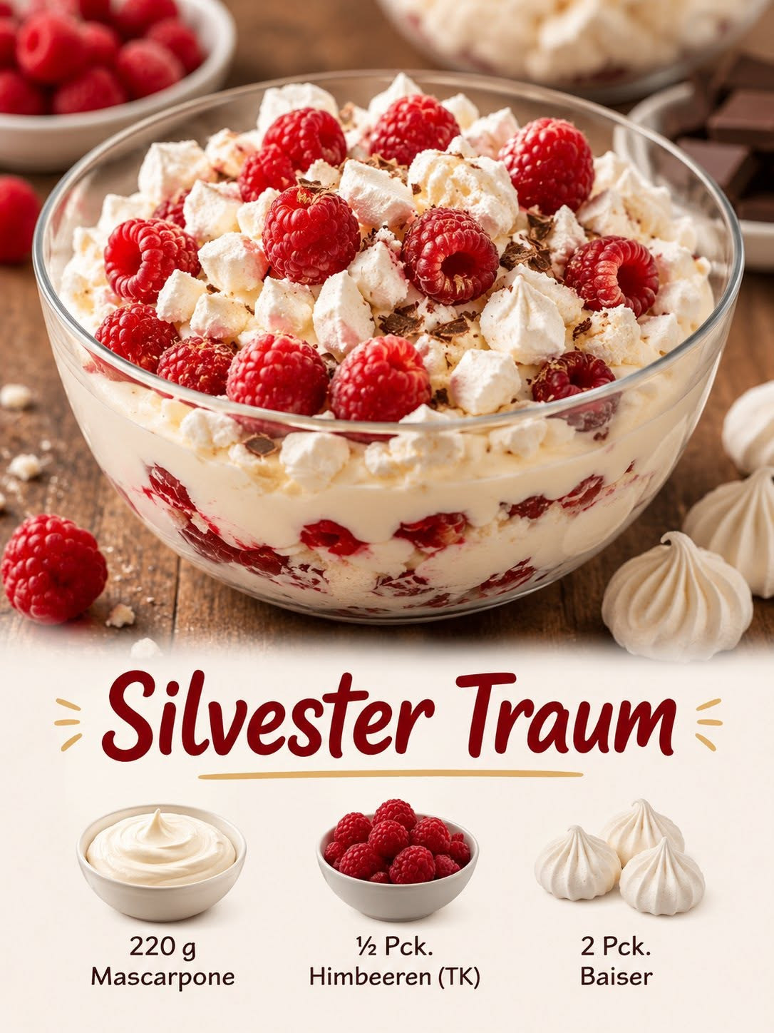 Mascarponecreme mit roten Himbeeren und weißen Baiserstücken