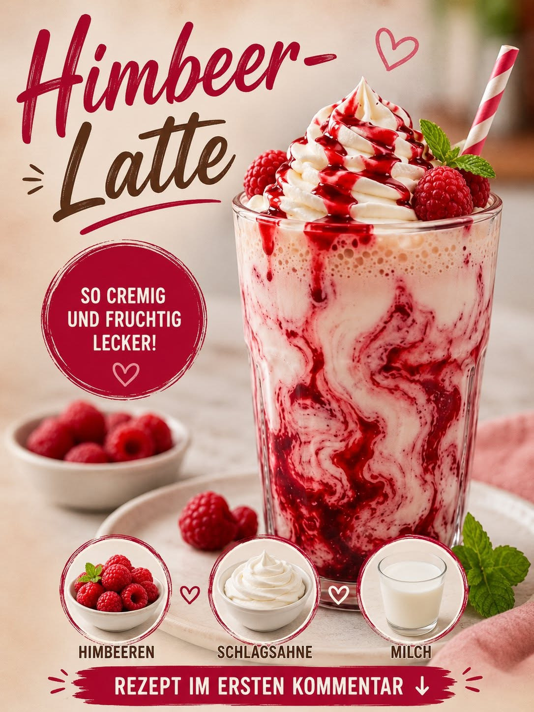 Rosafarbener Himbeer-Milchdrink mit roten Schlieren, Sahne und Himbeeren
