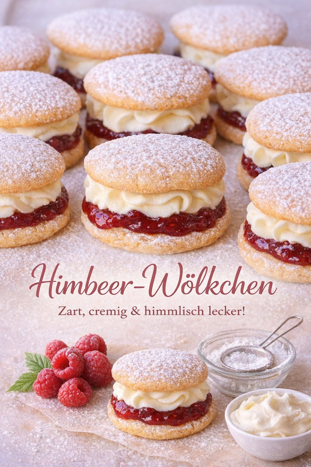 Runde helle Törtchen mit Himbeerkonfitüre, Sahnecreme und Puderzucker