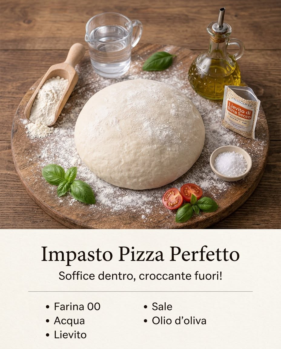 Panetto di impasto per pizza con farina, acqua e olio sullo sfondo