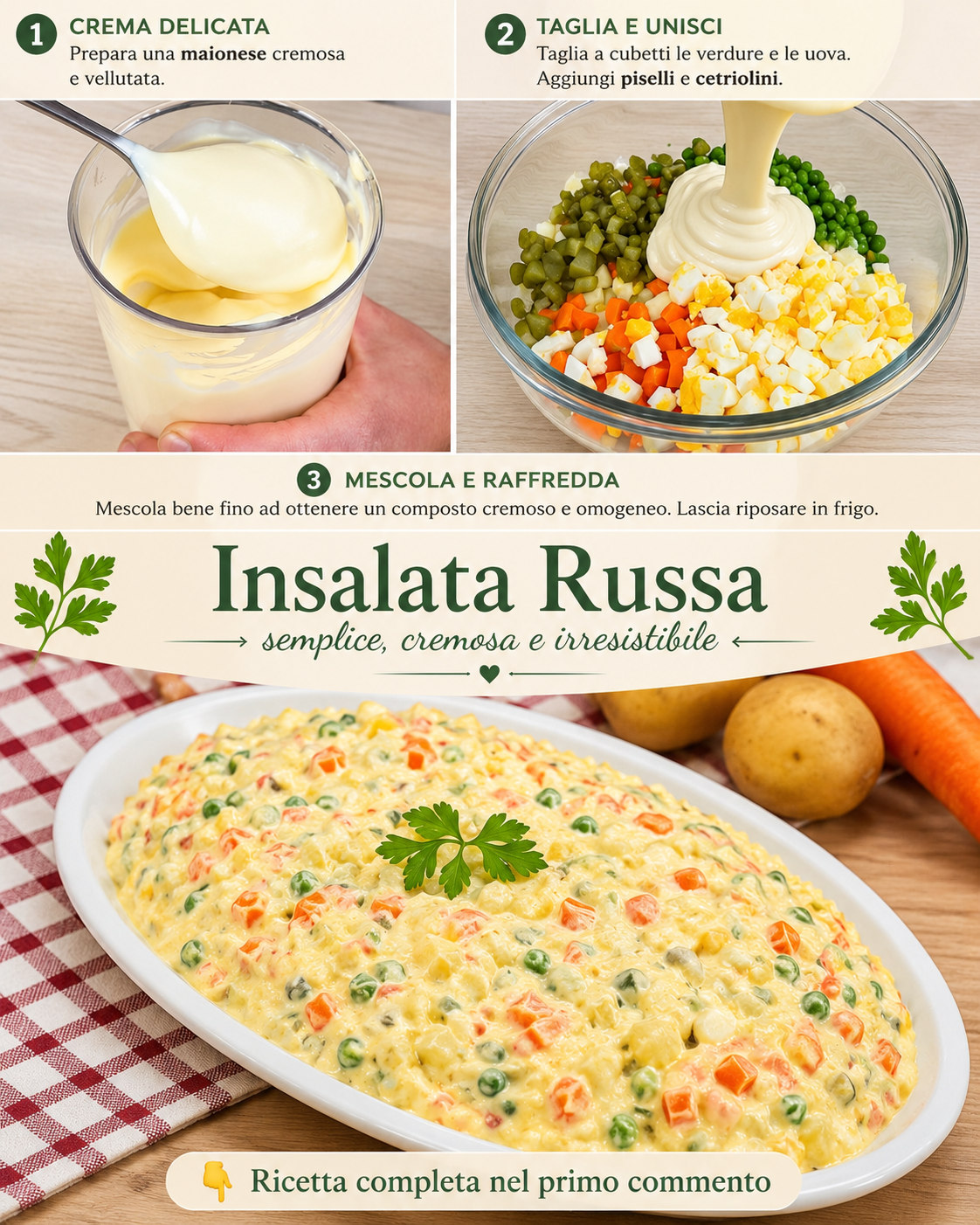 Insalata russa cremosa con patate, carote, piselli e uova