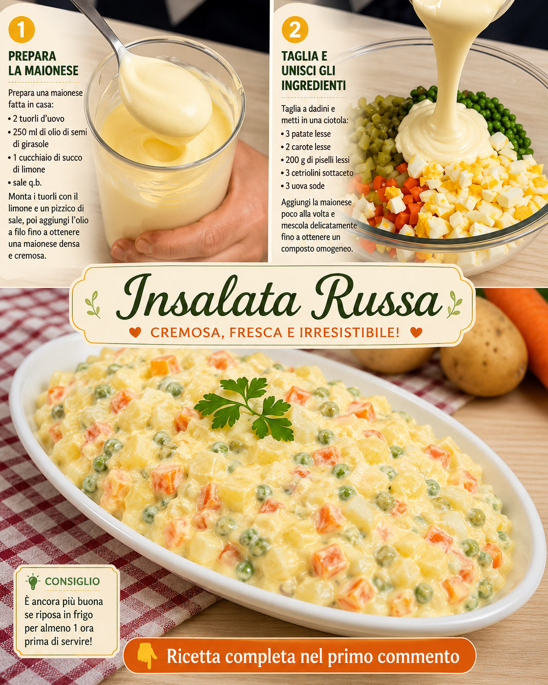Insalata russa cremosa con piselli, carote, patate e uova in una ciotola