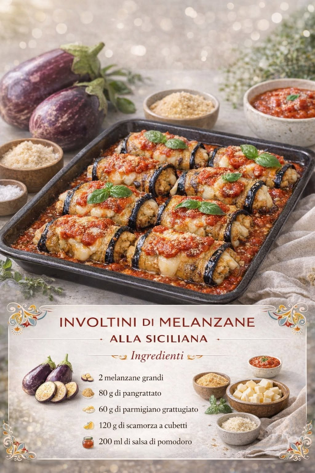 Involtini di melanzane gratinati con pomodoro, formaggio e basilico