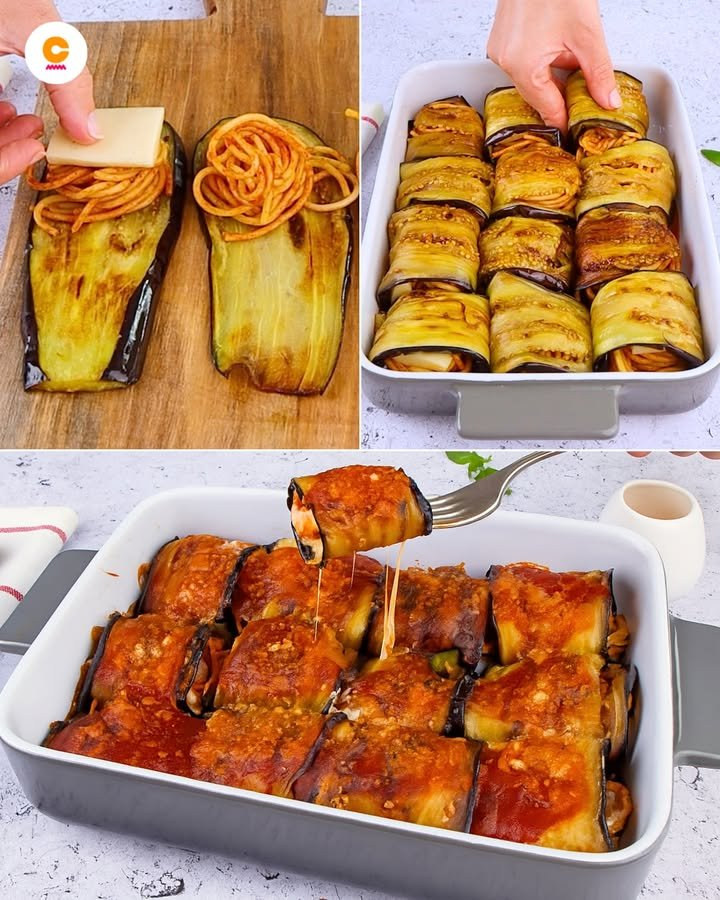 Involtini di melanzana ripieni di spaghetti, con sugo rosso e formaggio