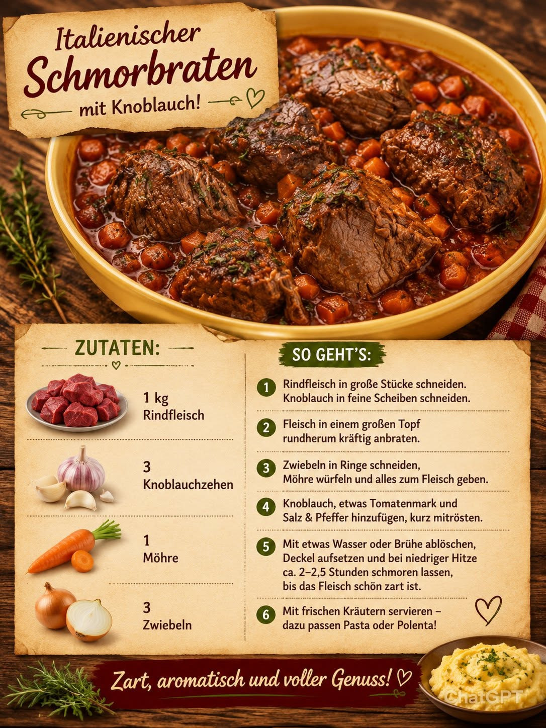 Dunkler Rinderschmorbraten mit Karotten und kräftiger roter Sauce