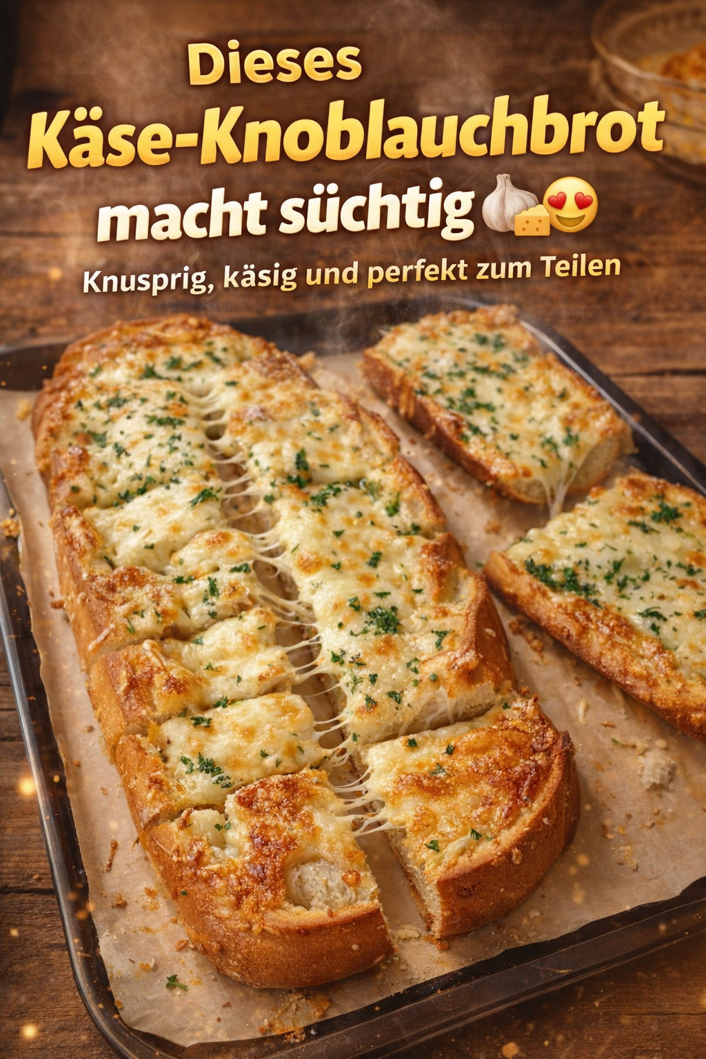 Eingeschnittenes Brot mit geschmolzenem Käse, Knoblauch und Kräutern