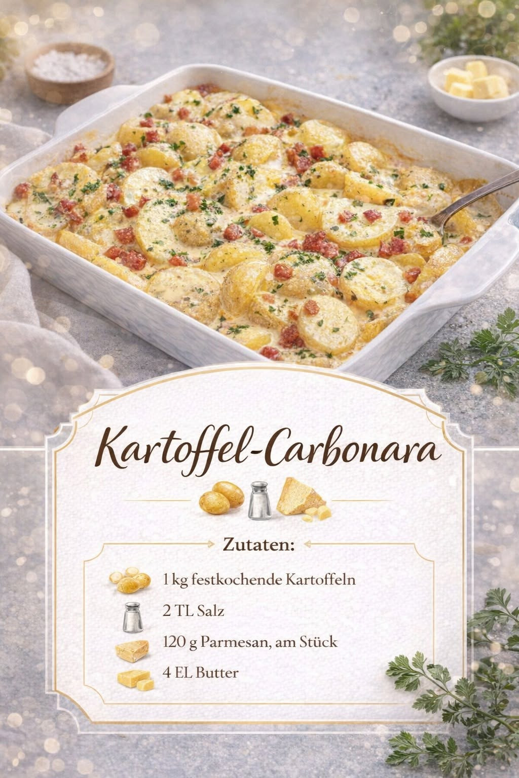 Kartoffelscheiben mit Speckstückchen, Kräutern und heller überbackener Sauce