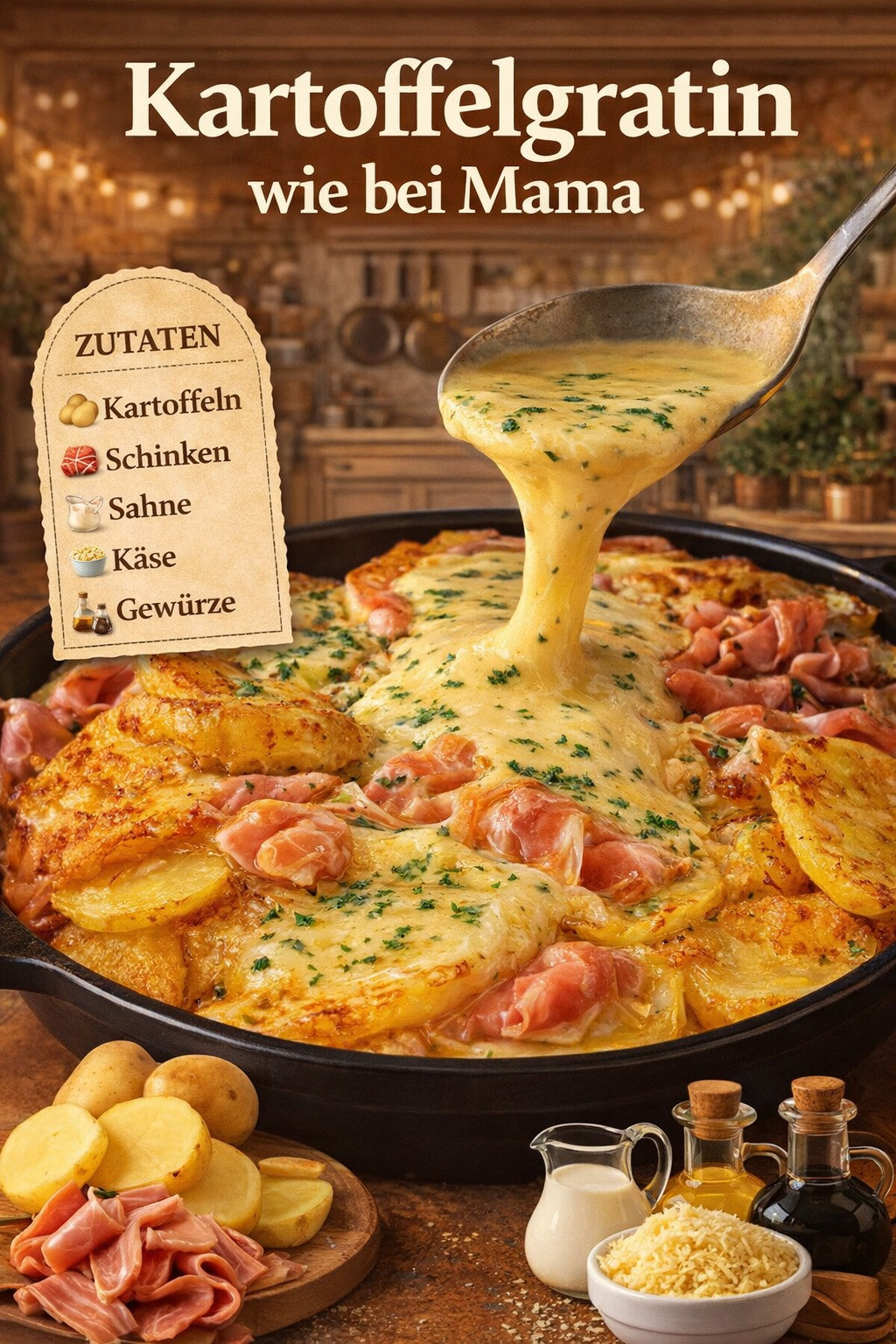 Kartoffelscheiben mit Schinken und goldbrauner Käsekruste in einer Auflaufform