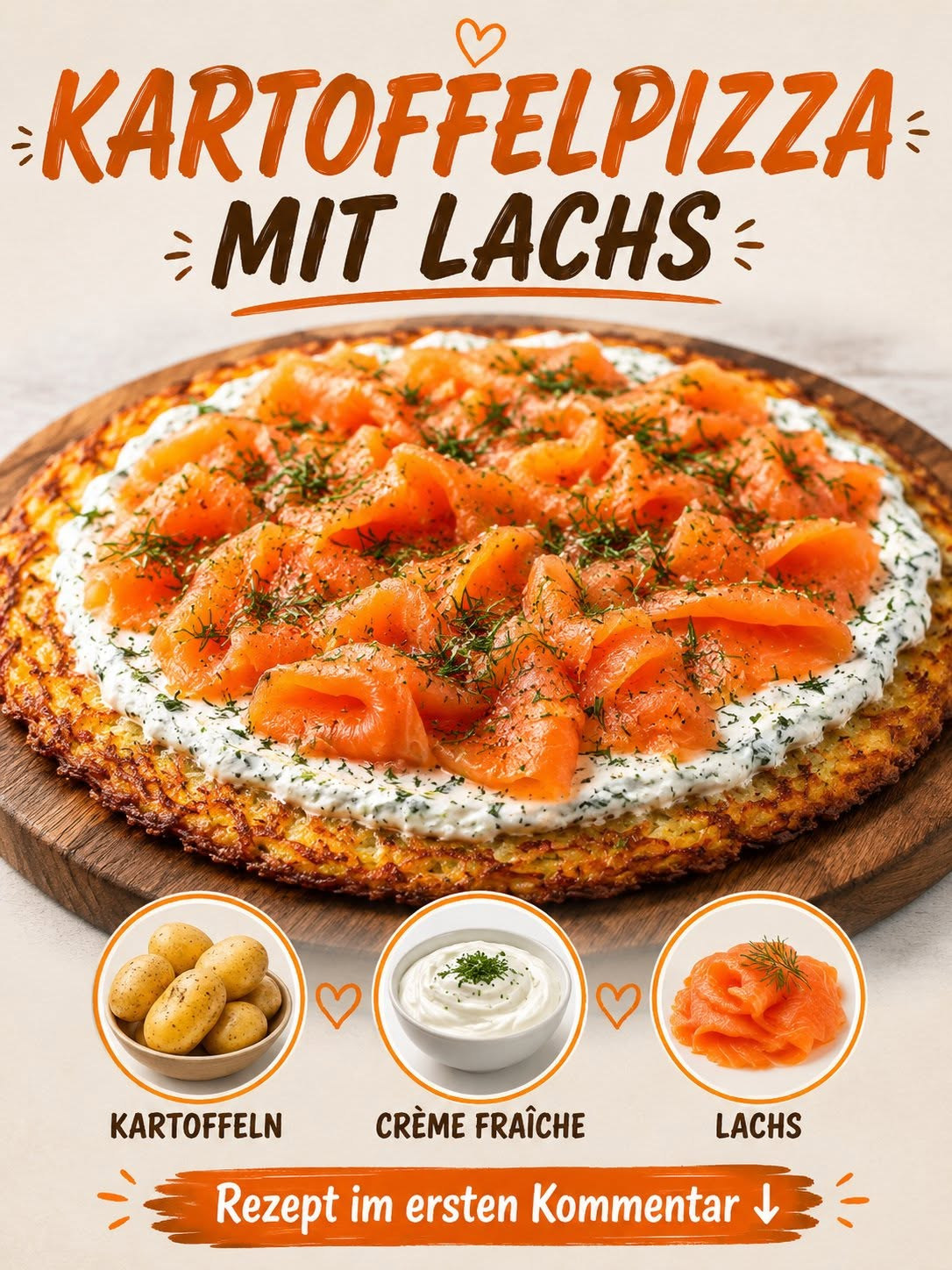 Runder goldbrauner Kartoffelboden mit weißer Creme, Lachsscheiben und Kräutern