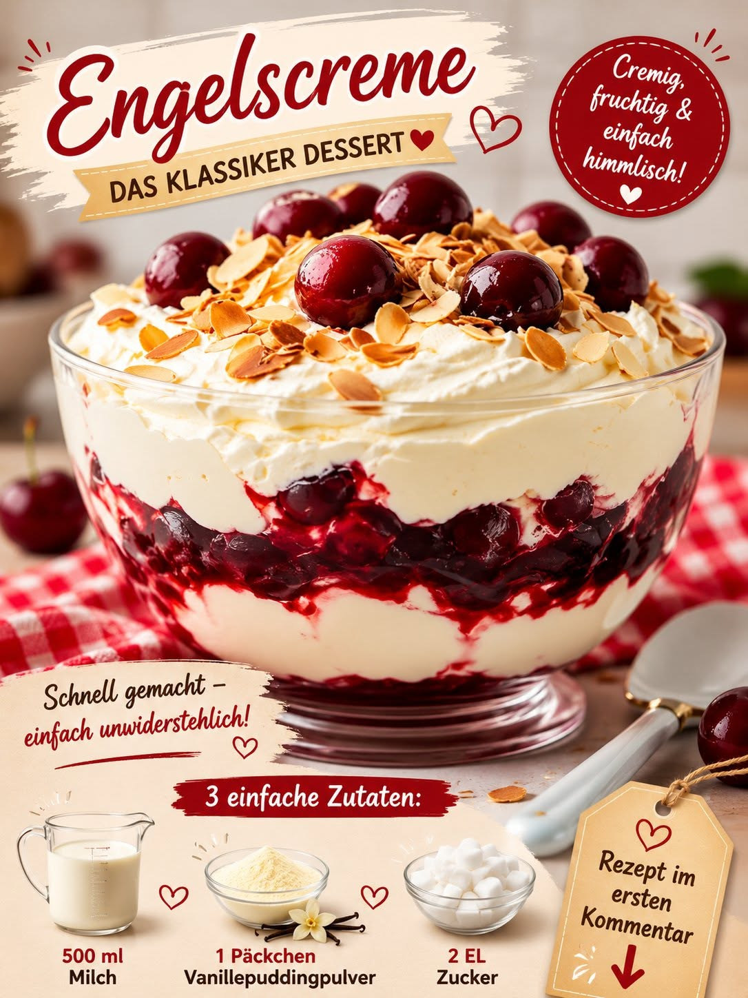 Schichtdessert aus heller Vanillecreme und dunklen Kirschen mit Mandelblättchen