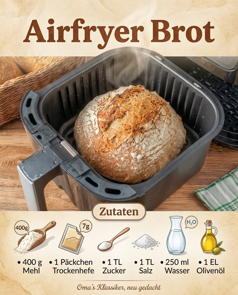 Kleiner runder Brotlaib mit aufgerissener Kruste in einem Airfryer-Korb