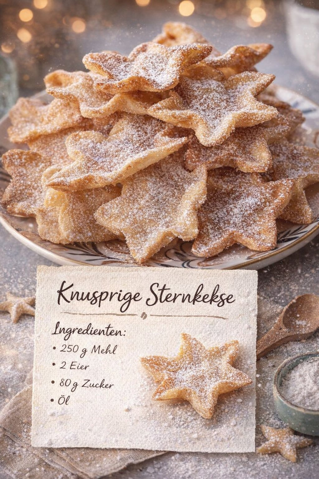 Dünne sternförmige Plätzchen mit heller Puderzuckerschicht