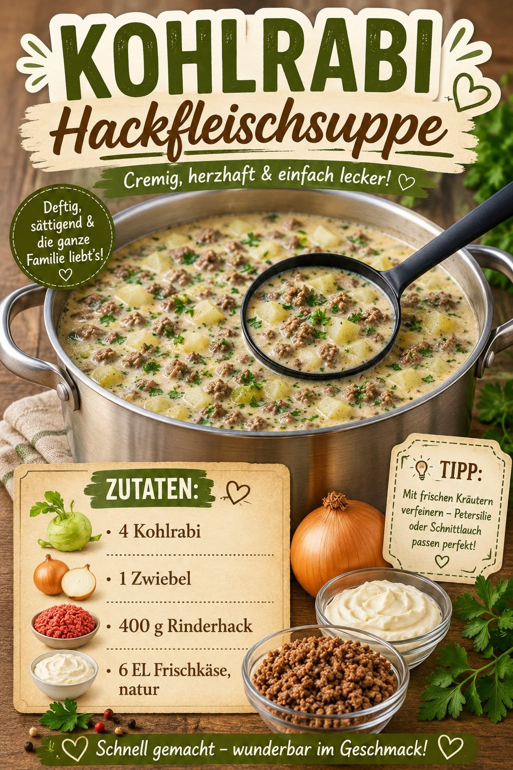 Cremige Suppe mit Kohlrabiwürfeln, Hackfleisch und grünen Kräutern