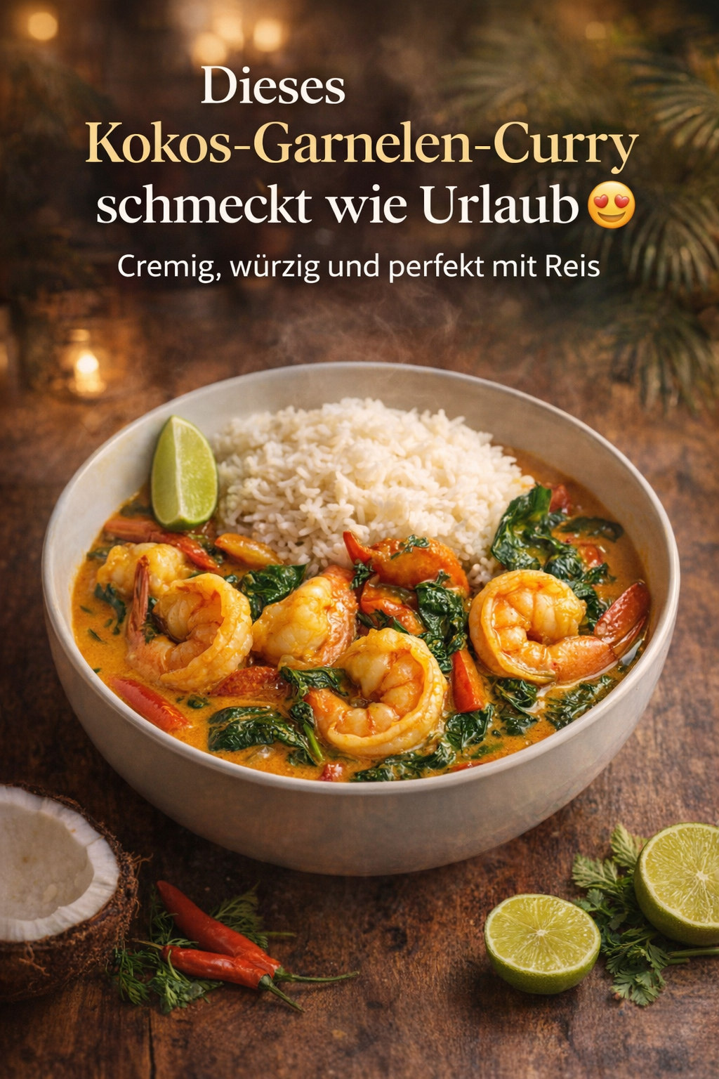 Garnelen in orangefarbener Sauce mit grünen Blättern und Reis