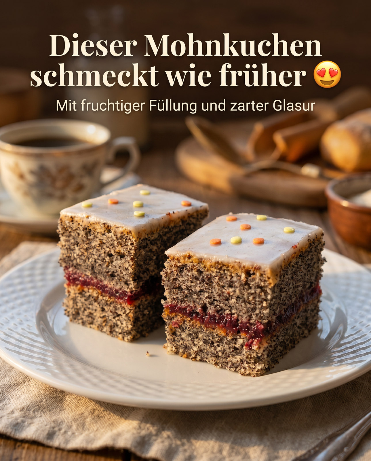 Dunkle Mohnkuchenwürfel mit roter Füllschicht und hellem Zuckerguss