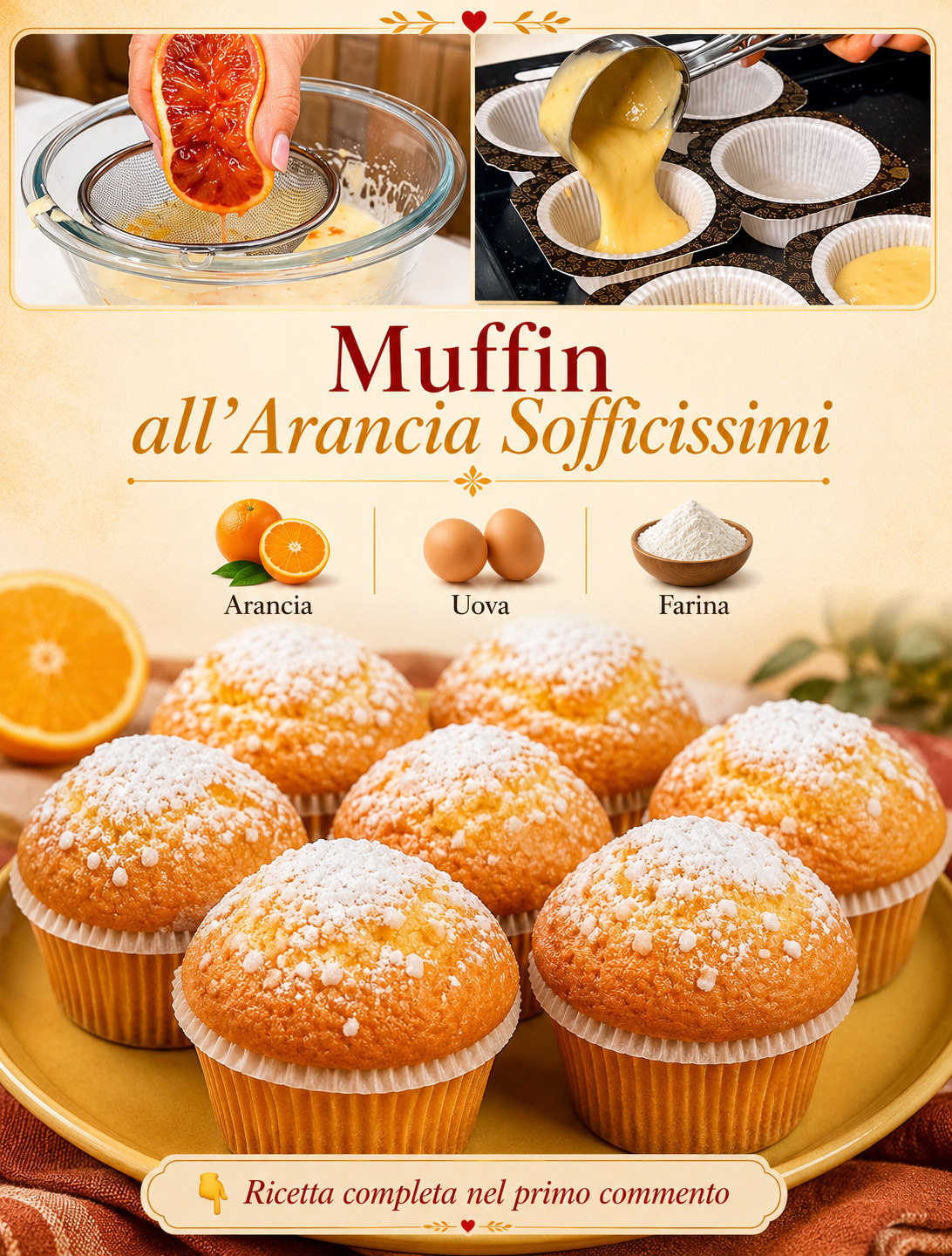 Muffin dorati all’arancia in pirottini, con zucchero a velo
