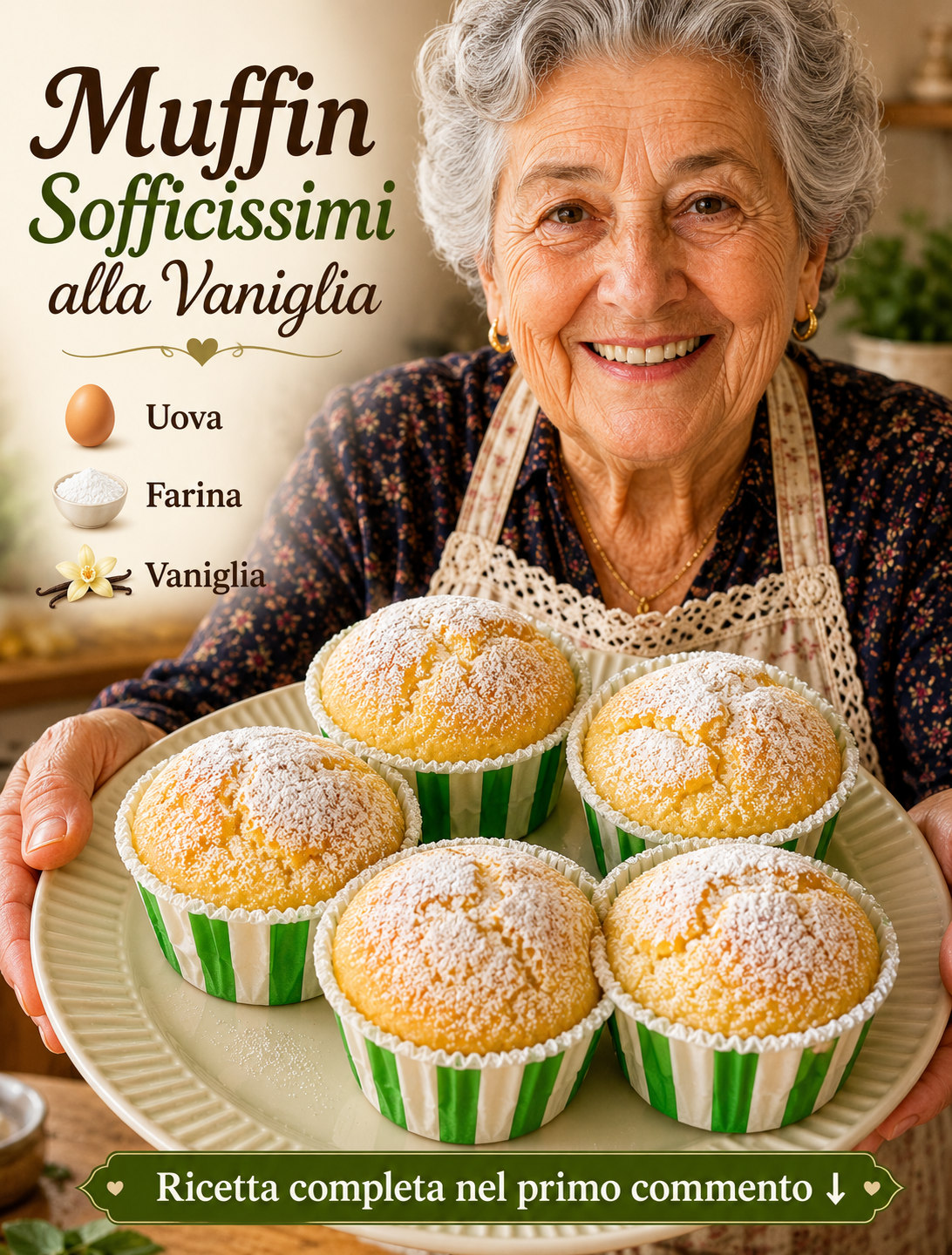 Muffin chiari alla vaniglia in pirottini, cosparsi di zucchero a velo