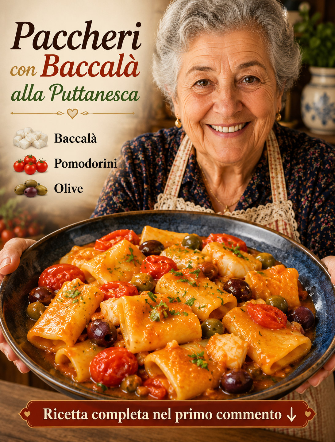 Pasta corta grande con pomodorini, olive e pezzi di pesce bianco