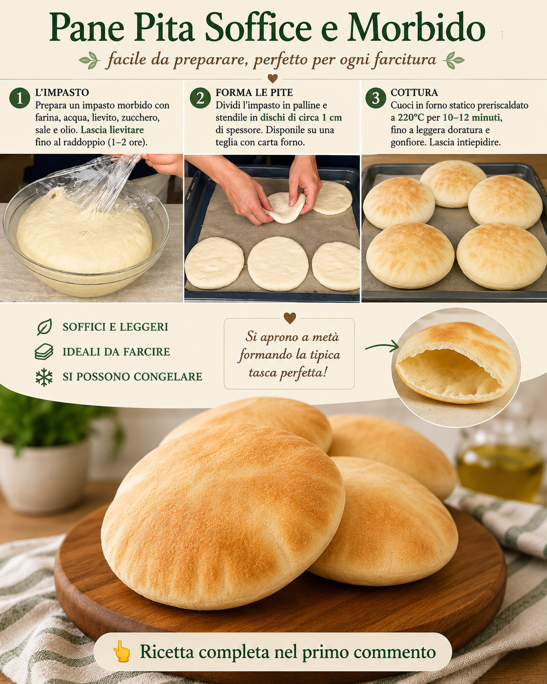 Pani pita rotondi e gonfi, con un pane aperto a mostrare la tasca