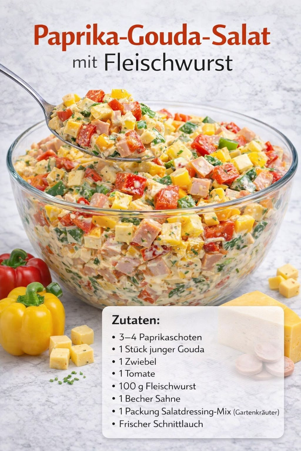 Bunter cremiger Salat mit Paprika, Käsewürfeln und Fleischwurststücken