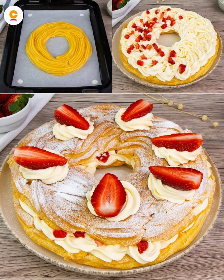 Grande anello di pasta choux farcito di crema bianca e fragole