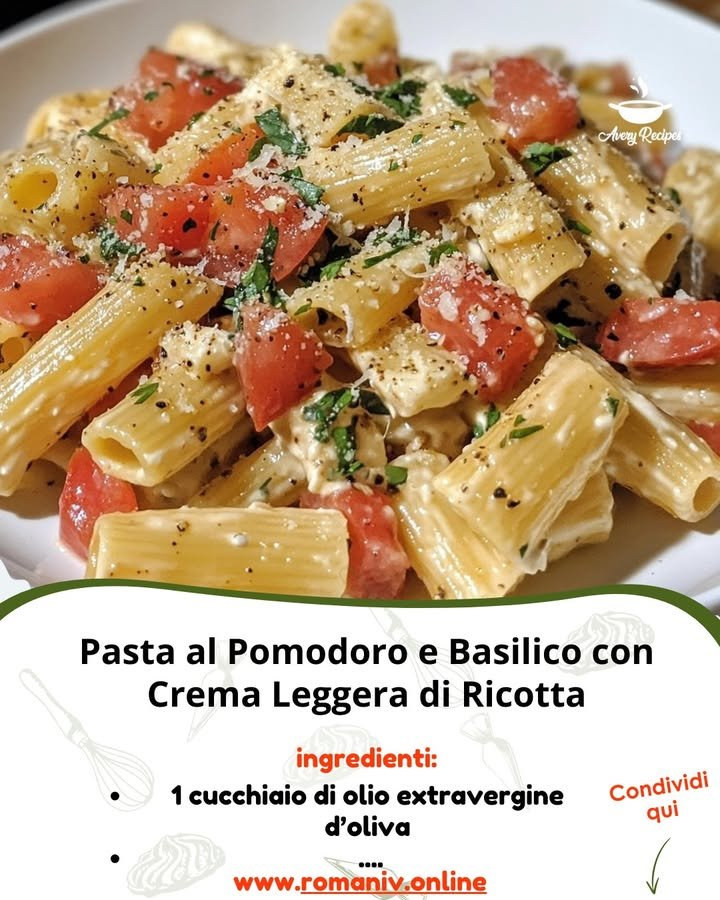 Pasta corta rigata con pomodorini, basilico e crema chiara di ricotta