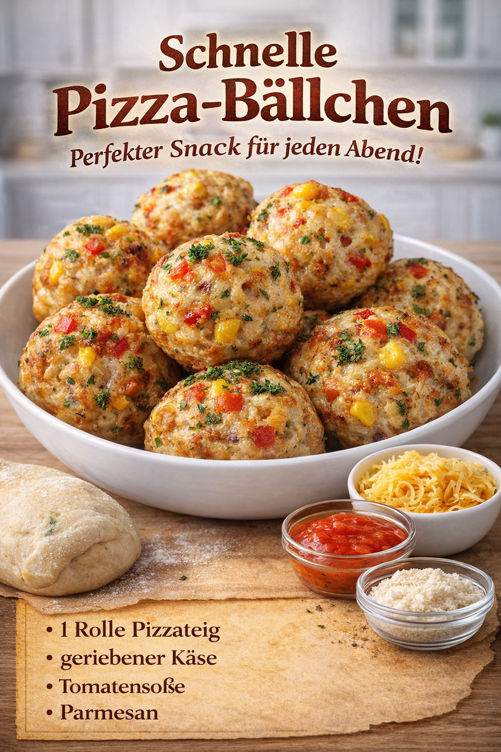 Kleine goldbraune Pizzabällchen mit Kräutern und sichtbaren roten Gemüsewürfeln