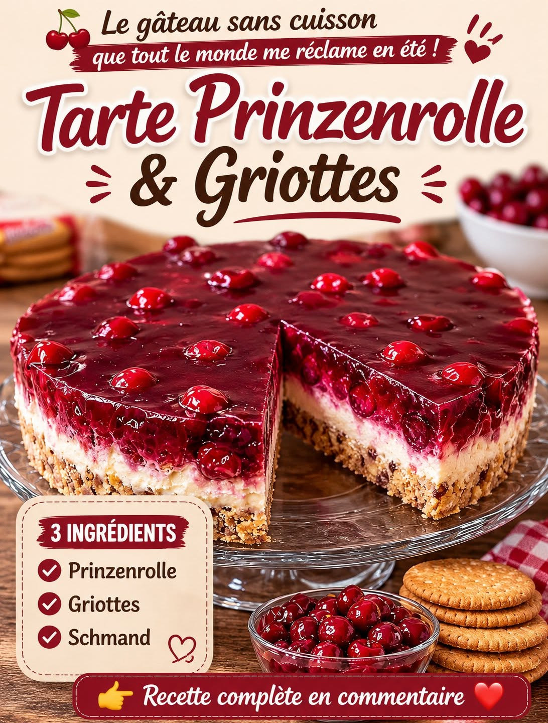 Kalte Torte mit dunklem Keksboden, heller Creme und roter Kirschschicht