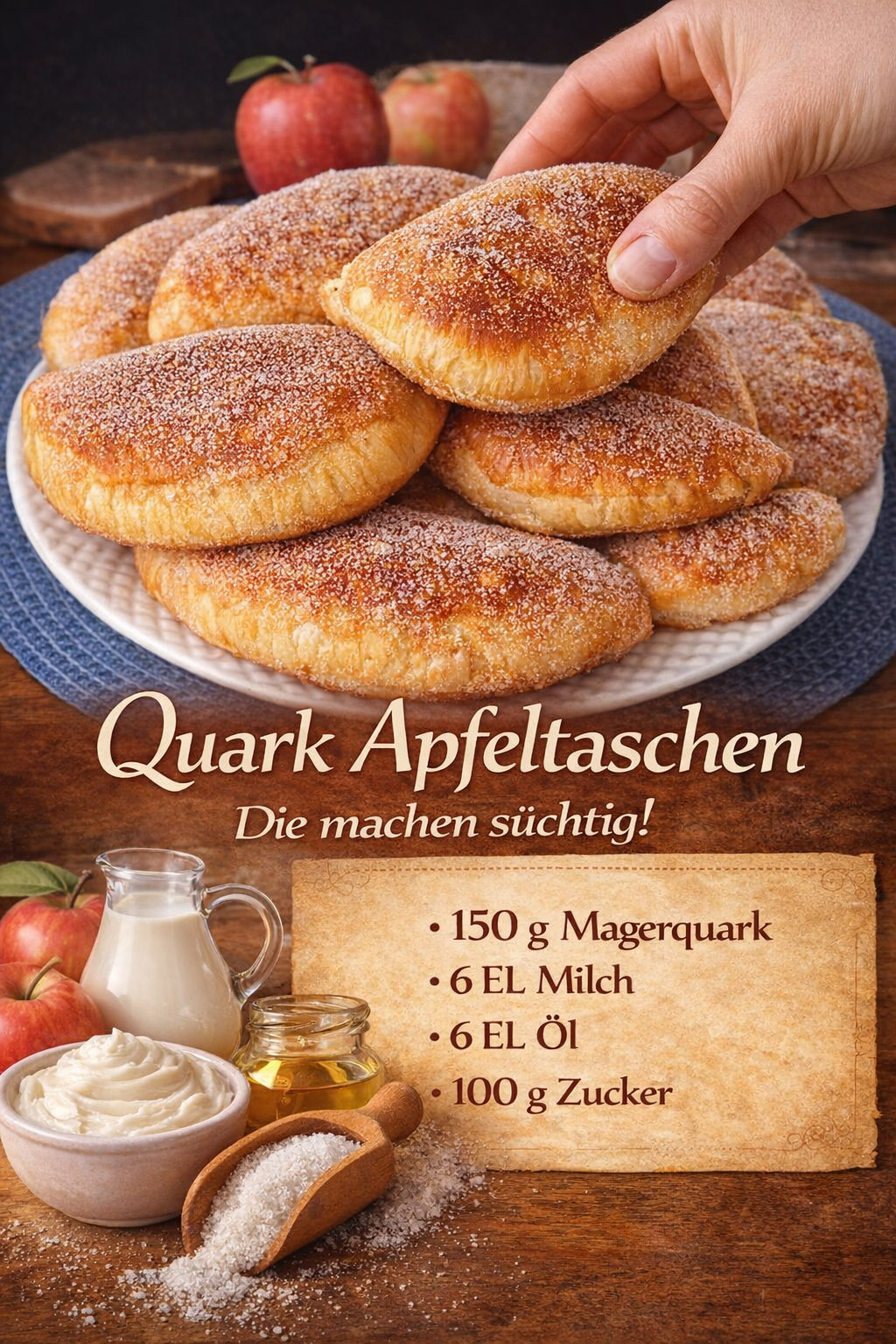 Goldene geschlossene Apfeltaschen mit feiner Zuckerschicht