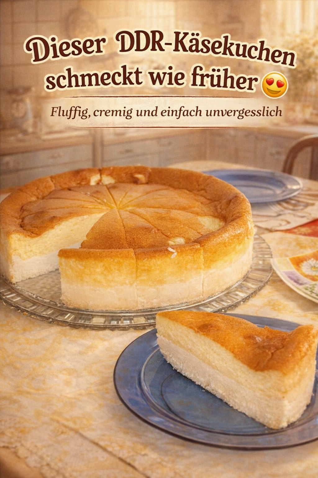 Runder heller Quarkkäsekuchen mit dünnem Teigboden und herausgeschnittenem Stück