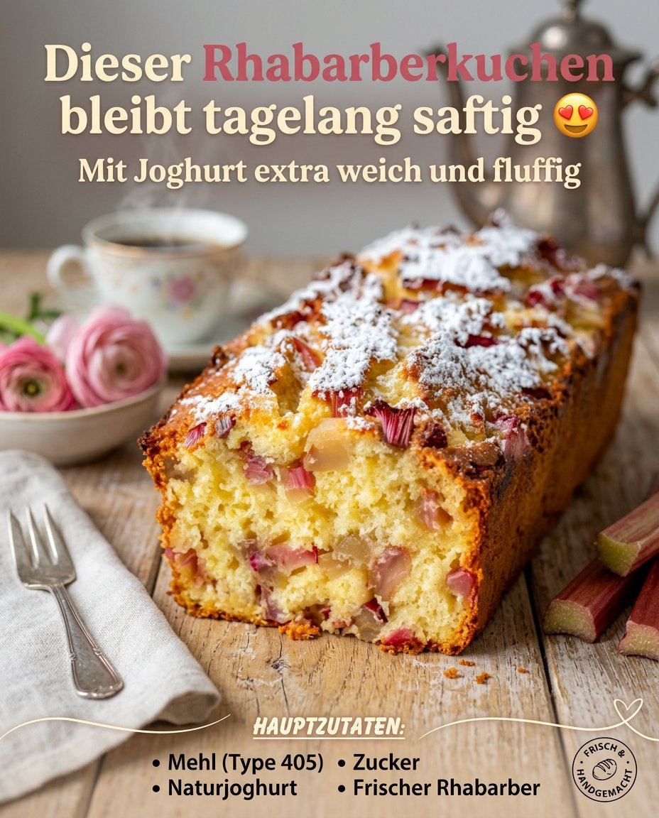 Kastenkuchen mit hellen und rosafarbenen Rhabarberstücken und Puderzucker