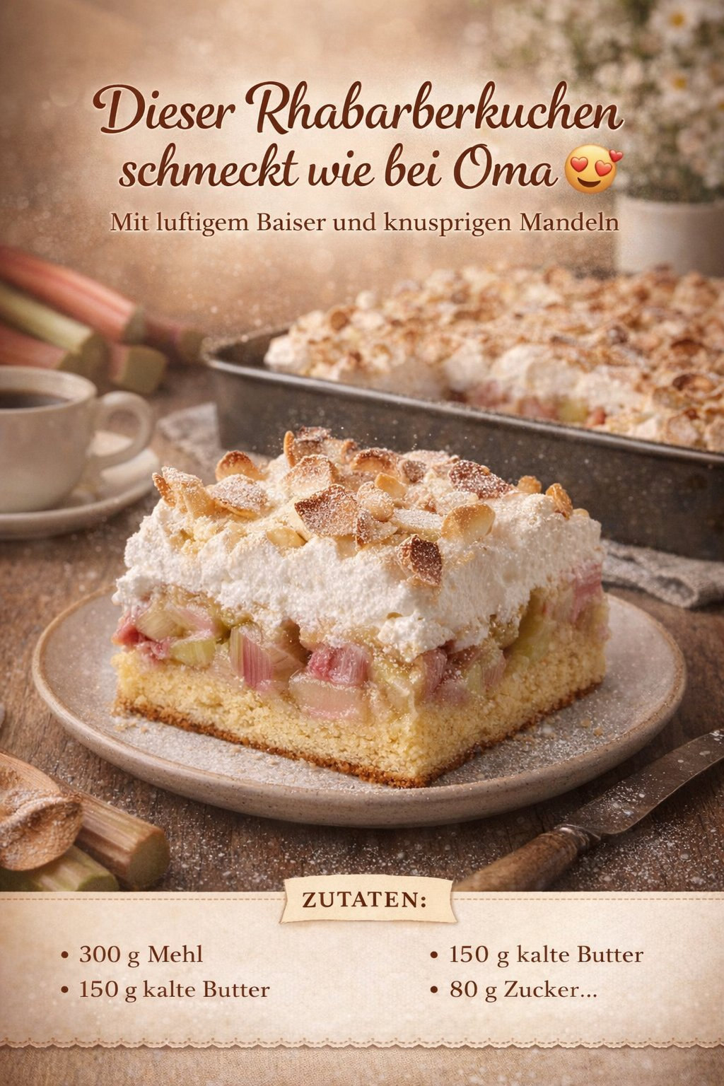 Rhabarberkuchen mit heller Baiserhaube, Mandelblättchen und sichtbarer Fruchtschicht
