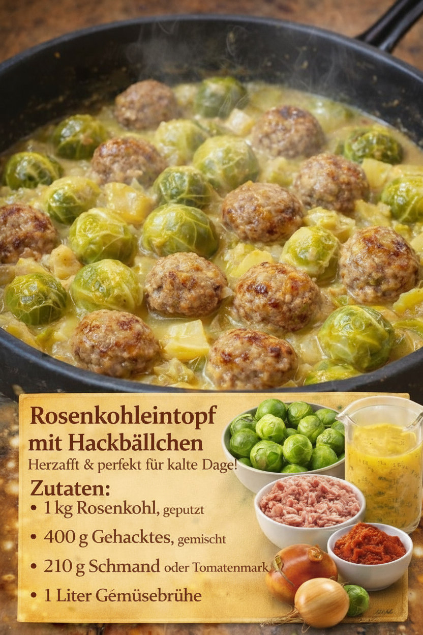 Rosenkohl und gebräunte Hackbällchen in heller cremiger Sauce