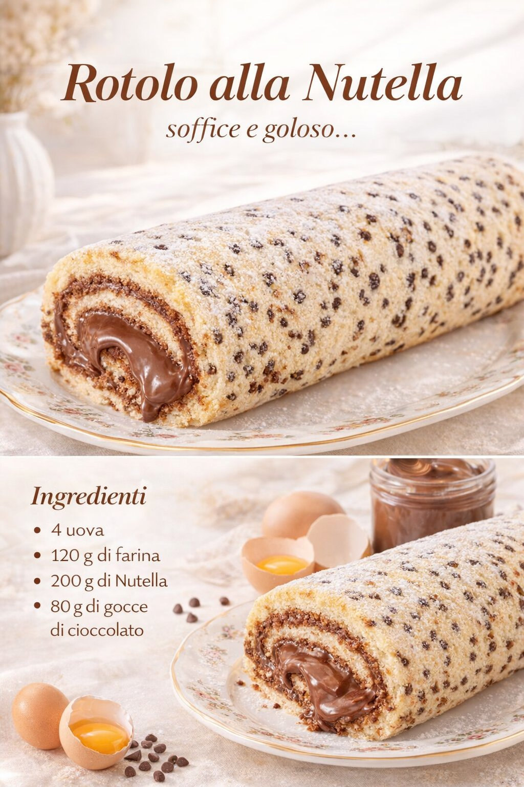 Rotolo chiaro con gocce di cioccolato e spirale di crema alla nocciola